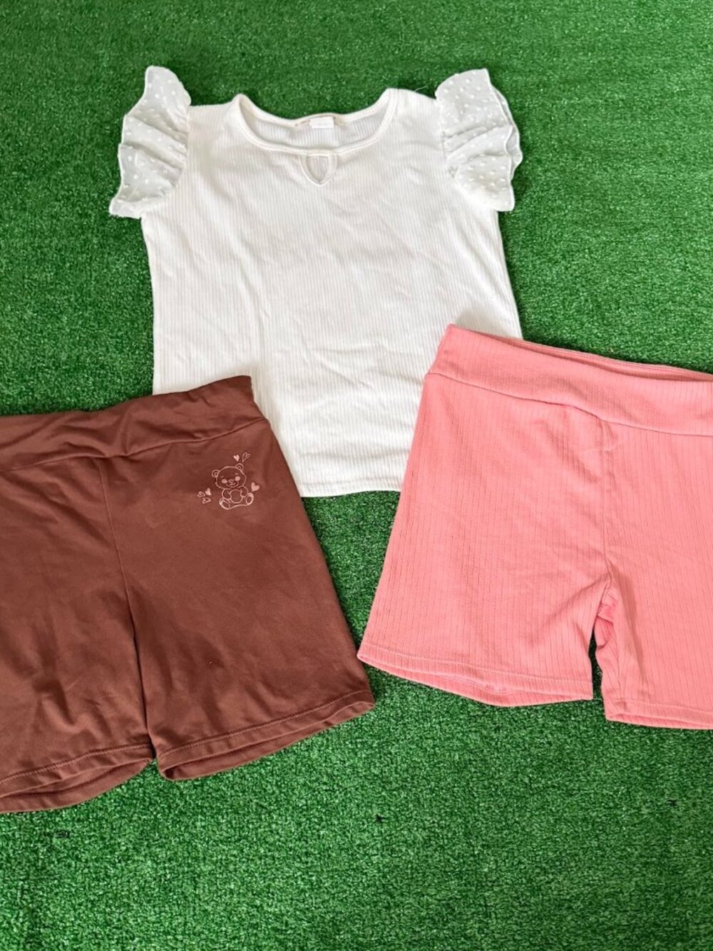 Lot 3 Girls Size 14 White Ruffle Sleeve T-Shirt Top & 2 Biker Shorts Outfit Set